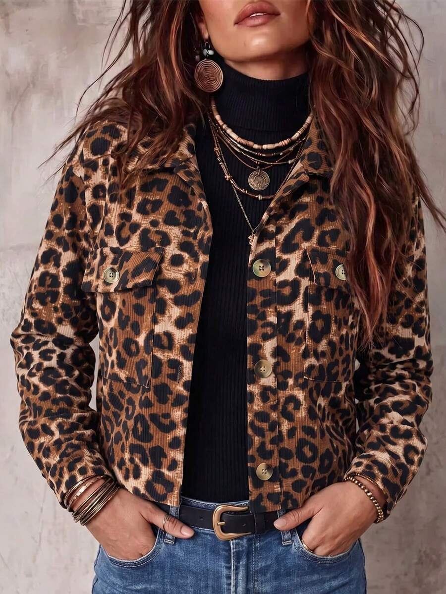 SHEIN 女款休閒秋季新款豹紋天鵝絨長袖翻領夾克,日常穿著 - 棕色 - 查看 1