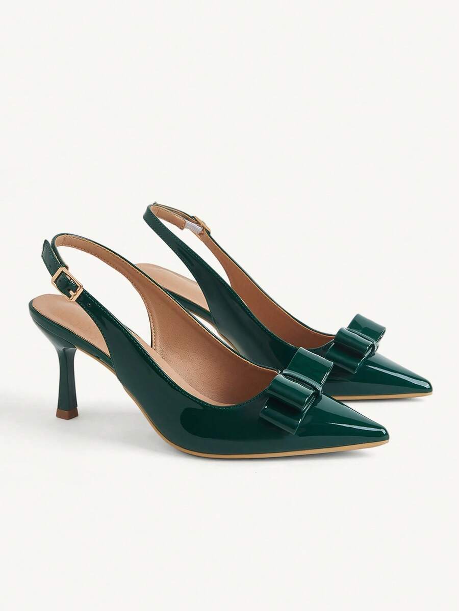 CUCCOO CHICEST Sepatu Stiletto Hijau Ujung Lancip Bentuk Vamp Bulat dengan Pita Dua Lapis, Modis dan Seksi, Cocok untuk Perjalanan Sehari-hari, Serbaguna, Elegan, dan Sederhana. - Dark Green - View 1