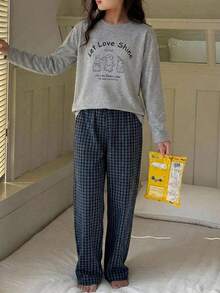 DAZY 青少年女孩秋季大童圓領針織印花短袖T恤＋格紋睡褲居家休閒套裝 - 灰色 - 查看 5