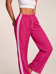 SHEIN BAE Women's Casual Daily Striped Drawstring Waist Sports Pants - Pink - View 4