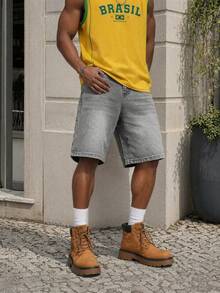 Manfinity EZcore Men Plus Size Grey Casual Wide Leg Denim Shorts, Versatile Knee Length Inseam - Light Grey - View 3