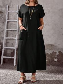 EMERY ROSE Plus Size Women's Black Boho Summer Autumn Casual Vacation Round Neck Short Sleeve Pocket Loose Flowy Long Dress,Simple Fashionable Holiday Outfits - Black - View 3