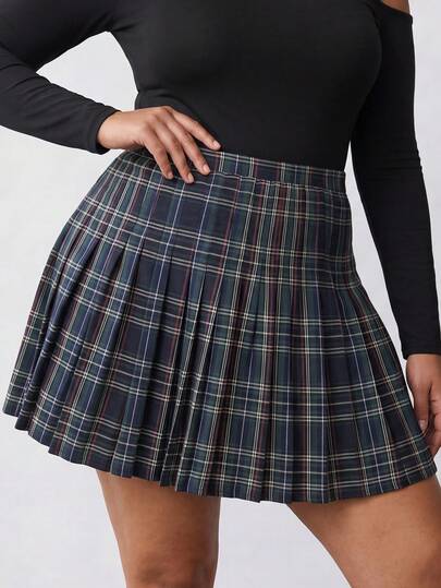 Solavibe Minifalda plisada de cuadros de moda para tallas grandes, estilo preppy