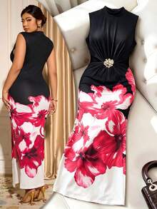 Cravure Plus Size Women's Metal Decor Hollow Waist Cutout Dress, Sexy Hot Girl Style, Fashionable Versatile For Daily Commute, Party, Prom - Black - View 6