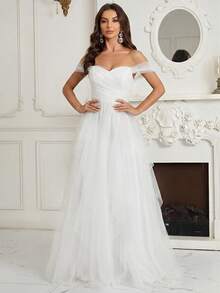 SHEIN Belle Off-Shoulder, geraffte Brust, mehrschichtiger asymmetrischer Rüschensaum Brautjungfernkleid (Erwachsene) - Weiss - Übersicht 3