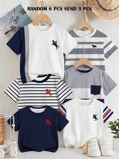 小男孩 T-Shirt 3件組，適合春夏，經典復古酷色塊拼接圖案印花、經典條紋圖案印花、精緻騎士小馬 Logo 圖案印花，開學季完美選擇
