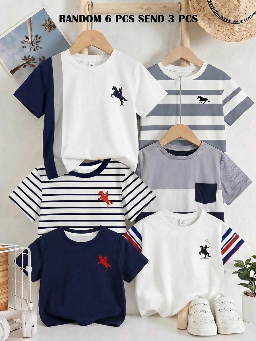 小男孩 T-Shirt 3件組,適合春夏,經典復古酷色塊拼接圖案印花、經典條紋圖案印花、精緻騎士小馬 Logo 圖案印花,開學季完美選擇 - 彩色 - 查看 1