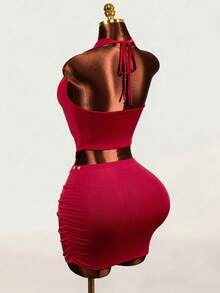 Mistrie Wine Red Rivet Draped Neck 2 Pieces Set, Cowl Neck Hollow Pleated Bodycon Mini Skirt Sexy Nightclub Outfit - Red - View 2