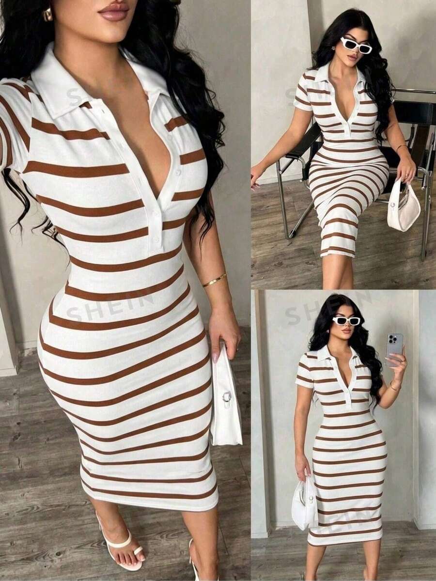 SHEIN SXY 女款夏季休閒性感極簡時尚通勤短袖白棕色POLO襯衫洋裝，針織高彈力修身款，適合早午餐與外出