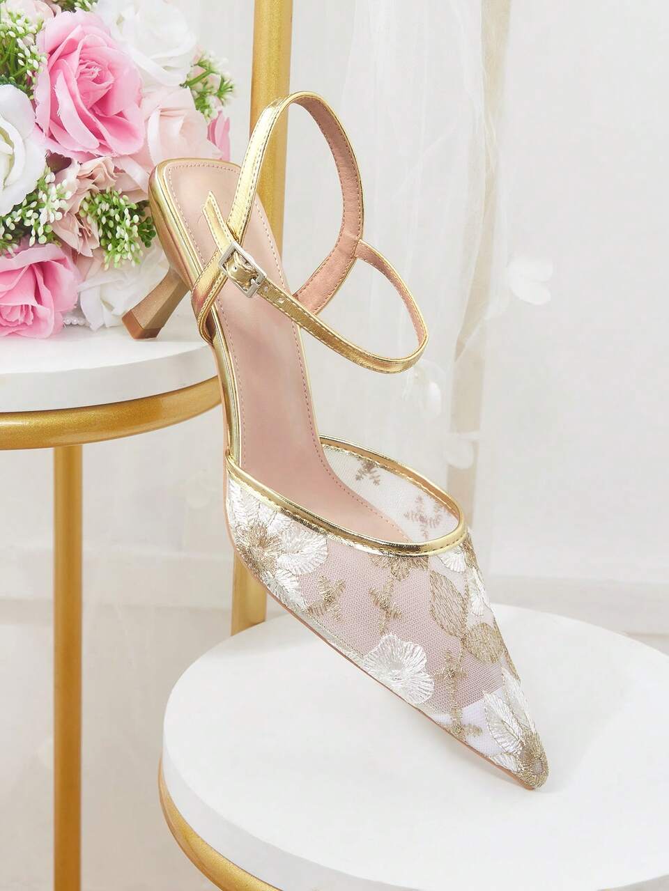 CUCCOO HITCHD Women Shoes Gold And White Embroidered Mesh Pointed Kitten Heels, Empty Strap Elegant Bridesmaid Banquet Shoes Fall Shoes