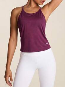 SHEIN BAE Powerista Solid Color Fashion Sport T-Shirts & Tanks, Suitable For Summer Women's Casual Sports Solid Color Tank Top Cut Out Back Solid Sports Tee Gym Top Workout Tank Top Purple  Seksi Chic  For Daily Wear Yoga Yoga Studio Tennis  Gym Indoor Outdoor Active - Burgundy - View 3