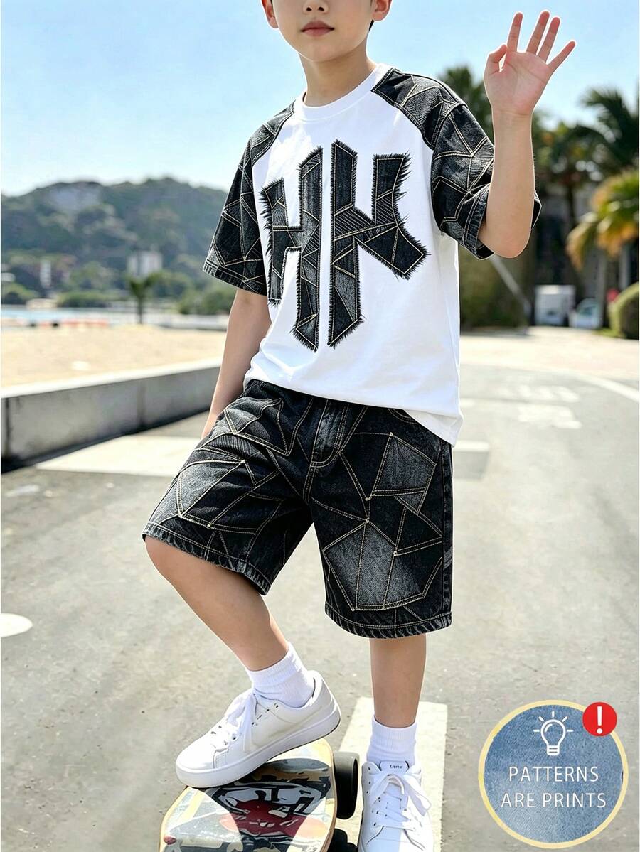 男童美式復古條紋短袖T恤與牛仔短褲套裝,夏季新款小馬刺繡拼接設計圓領上衣與鬆緊腰褲,休閒運動日常兩件套穿搭 - 彩色 - 查看 1