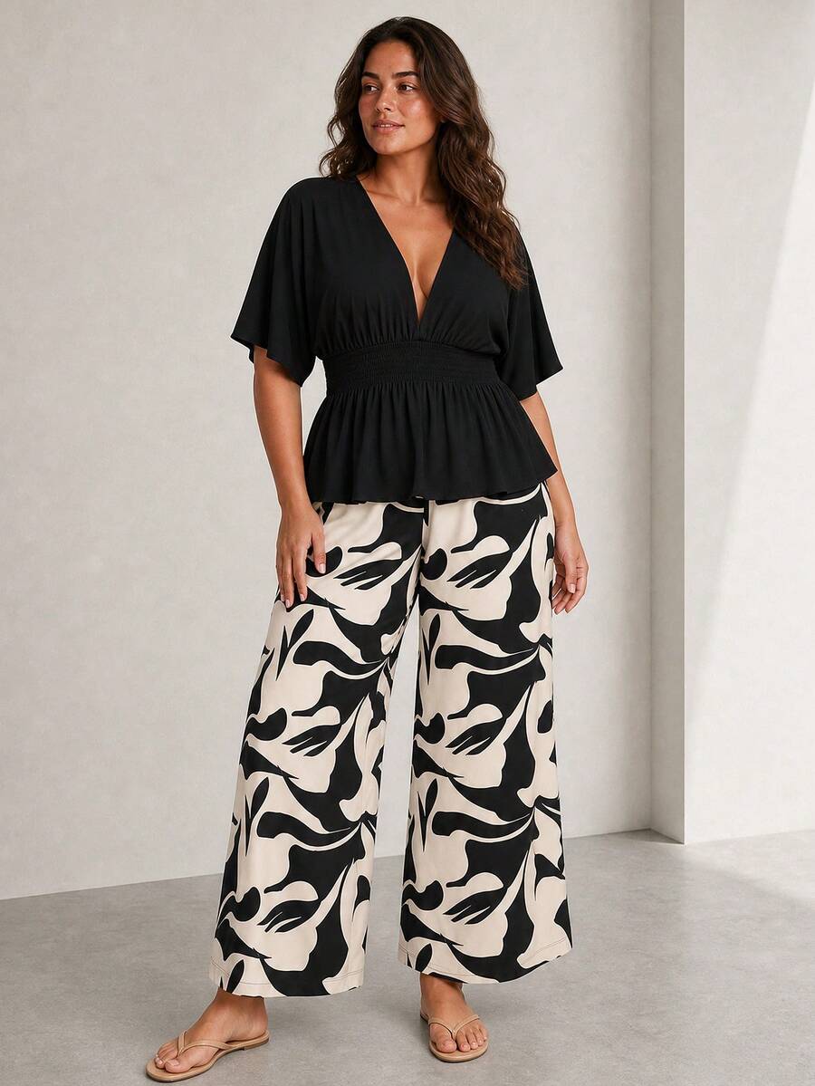 ELLERISSA Plus Size Black Kimono Top & Printed Trousers Co-Ord Set - Black - View 1