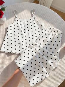 SHEIN 女童編織波點細肩帶上衣與長褲兩件套 - 白色 - 查看 4