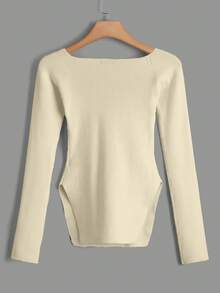 Cloudara Slit Hem Ribbed Knit Jumper - Beige - View 2