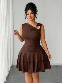 Elenzga Plus Size Elegant Vintage Romantic Fashion Asymmetric Neckline Sleeveless Pleated Waist Floral Decor Fitted Dress For Women, Suitable For Date, Party, Daily Wear, Summer Dress, Sleeveless Dress - Brown - View 7