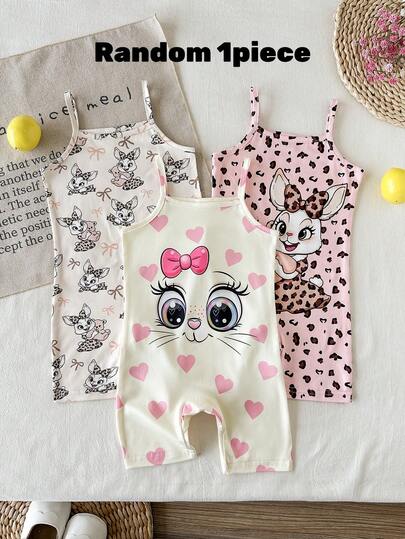 SHEIN Baby Girls Summer Sweet Lady Knit Spaghetti Strap Fitted 1pcs Romper Set