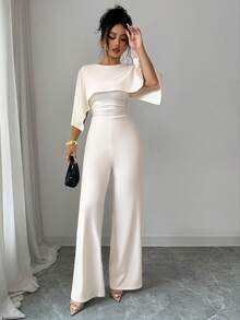 Elenzga Women's French Elegant Apricot Cape-Style Spliced High Waist Wide Leg Jumpsuit - Apricot - View 5