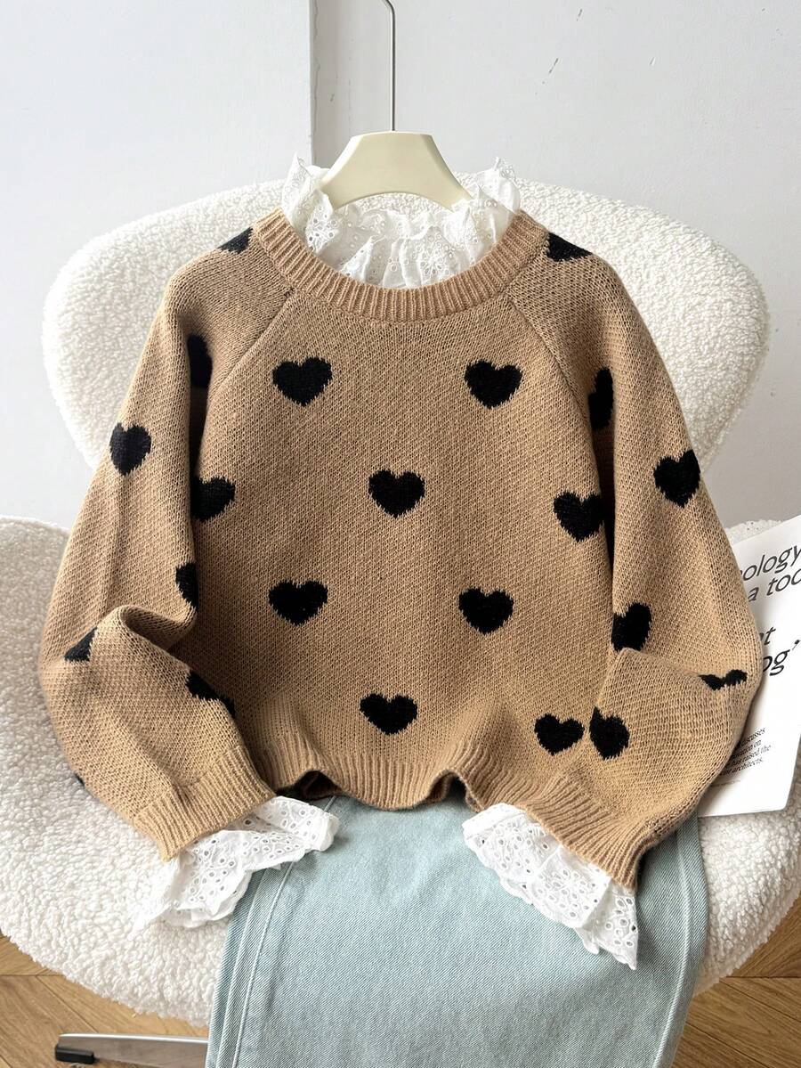 SHEIN 少女秋/冬休閒保暖內裡加厚拼接刺繡蕾絲飾邊雙色愛心提花棕色寬鬆落肩長袖套頭毛衣 - 駝色 - 查看 1