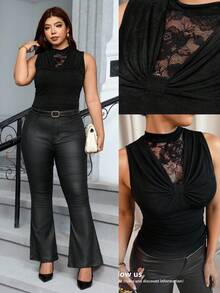 Reflora Plus Size Summer Elegant Sexy Solid Color Lace Patchwork Tank Top Cocktail Date Night Black - Black - View 9