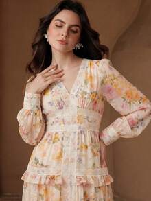 Anewsta New Fashion Romantic Ruffle Trim Patchwork V-Neck Puff Long Sleeve Vacation Holiday Outfit Long Women's Summer Dress - Apricot - View 2