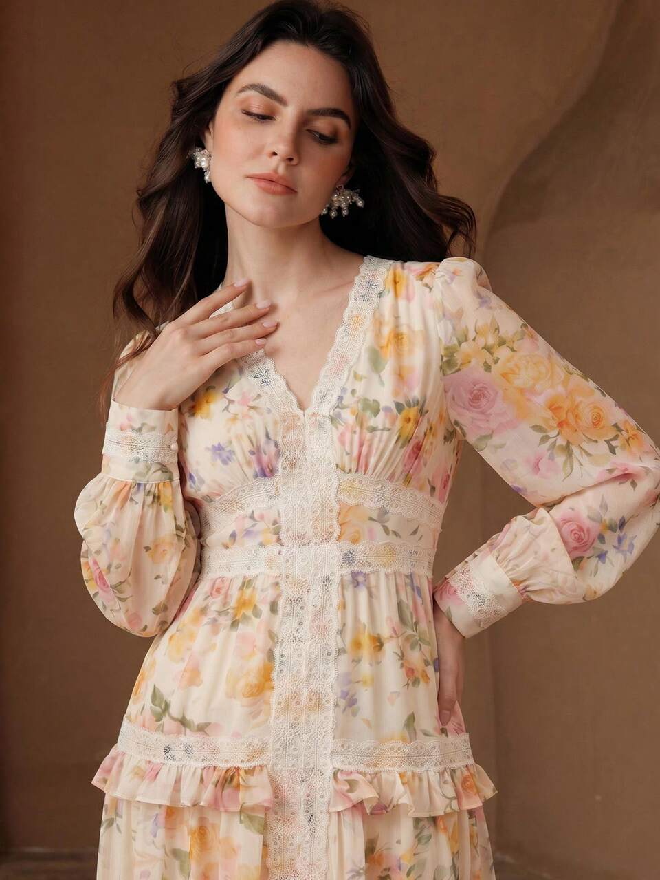 Anewsta New Fashion Romantic Ruffle Trim Patchwork V-Neck Puff Long Sleeve Vacation Holiday Outfit Long Women's Summer Dress