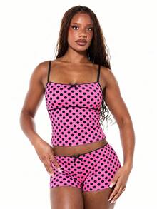SUMWON WOMEN Polka Dot Cami And Shorts Sleep Set With Bow Detail Satin Finish Cozy Loungewear Pajama Set - Pink - View 1