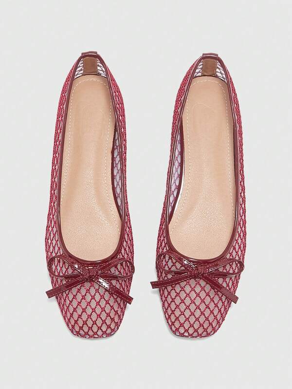 CUCCOO BIZCHIC Zapatos de ballet con lazo de malla para mujer, primavera y verano, zapatos planos de punta cuadrada, zapatos versátiles para ir al trabajo para mujer
