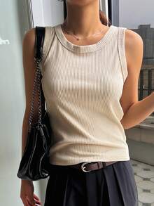 DAZY Solid Rib Knit Tank Top - Beige - View 7