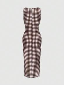 Elenzga Vintage Brown & White Plaid Square Neck Sleeveless Fitted Bodycon Elegant Midi Dress For Women - Multicolor - View 5