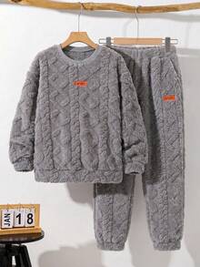 SHEIN 男童秋冬舒適休閒紋理抓絨圓領長袖拼接連帽素色運動衫 - 灰色 - 查看 1
