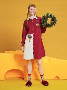 TOM & JERRY X SHEIN Ladies Cartoon Pattern Front Button Shirt Dress Nightgown - Multicolor - View 6