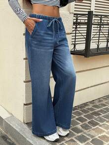 SHEIN Essnce Summer Casual Tummy Control Compression Fit High Waist Drawstring Wide Leg Flattering Daily Wear Comfortable Jeans For Women Everyday Night Out Blue - Dusty Blue - View 2