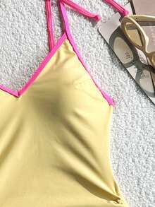 Swim Vcay 女款春夏純色細肩帶綁帶連身泳衣 - 黃色 - 查看 7