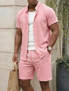 Manfinity EZcore Men's Plus Size Summer Pink Casual Solid Color Short Sleeve Shirt And Shorts Set,Beach Party Pool Holiday Vacation Hawaii Tropical Swim Bathing Outfit - Pink - View 3