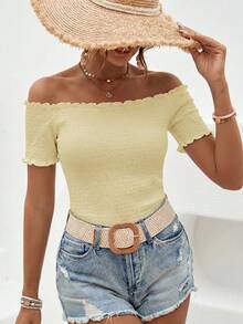 SHEIN VCAY Camiseta de mujer para vacaciones de unicolor con volantes, hombros descubiertos y manga corta - Albaricoque - Ver 3