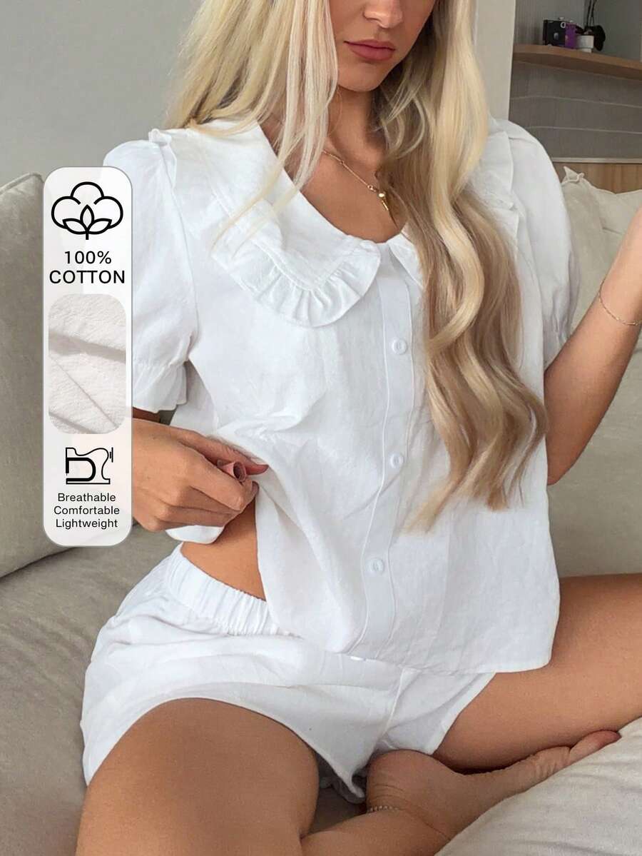 DAZY Women's Solid Color Petal Sleeve Top And Shorts Casual Daily Home Sleepwear Set - White - View 1