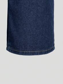 SHEIN 青少年女孩牛仔褲夏季新品，青少年女孩牛仔褲，淺藍色水洗牛仔色，休閒舒適，寬鬆寬腿版型，舒適棉質牛仔布料，居家日常上學通勤派對穿搭，青少年女孩牛仔短褲 - 深色水洗藍 - 查看 4