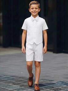 SHEIN 兒童 3 件套大童男孩紳士套裝 全白短袖 Polo 衫背心短褲長褲套裝 適合夏季生日派對 正式洗禮 婚禮 80 年代風 - 彩色 - 查看 4