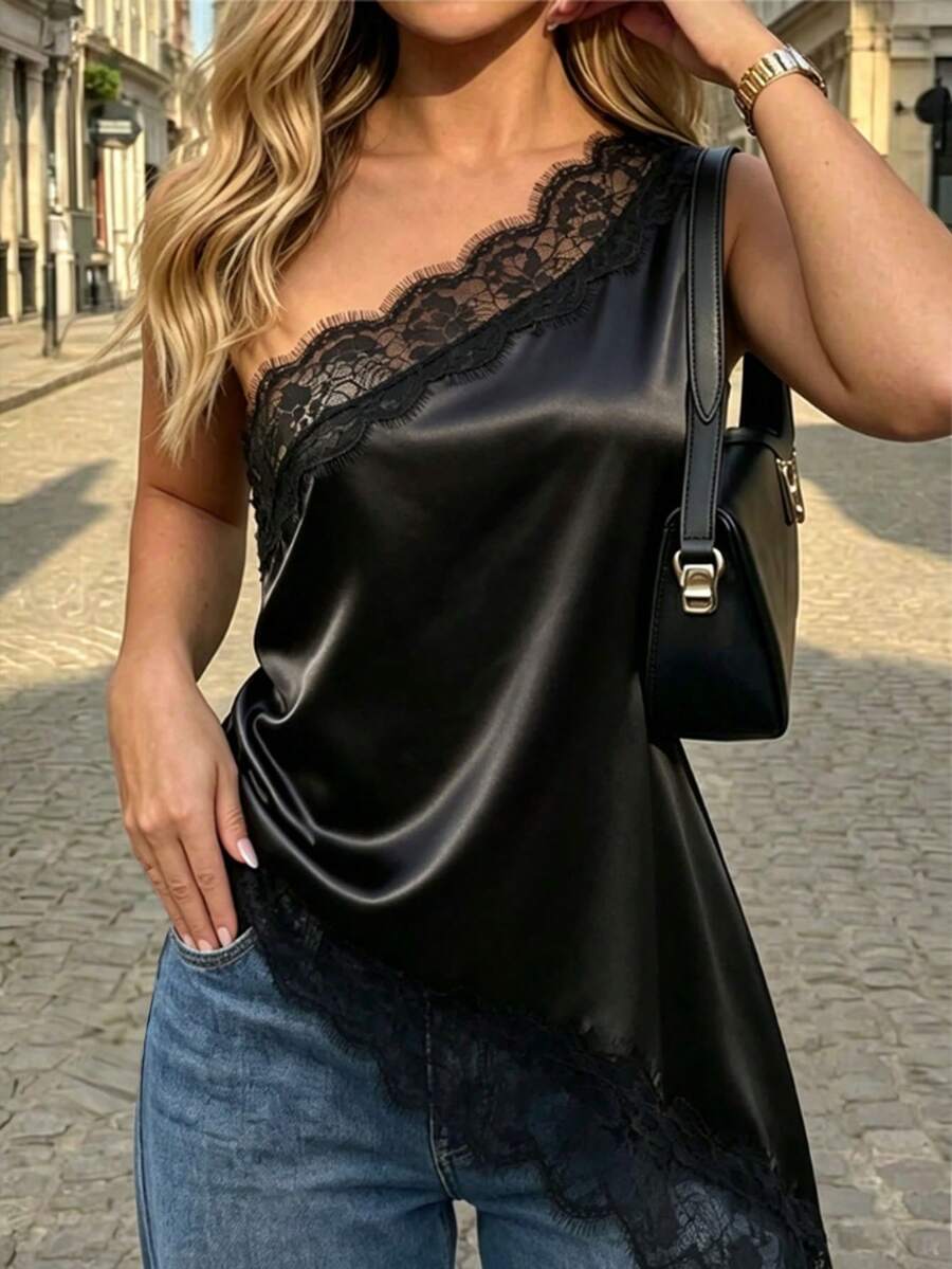 SHEIN Women's Minimalist Lace Patchwork Asymmetric Hem One Shoulder Blouse, Black, Summer Office Wear/Shirt - Black - View 1