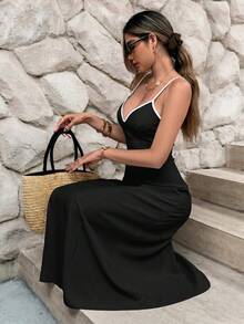 SHEIN Frenchy 女款拼色休閒細肩帶中長洋裝，適合度假 - 黑色 - 查看 6