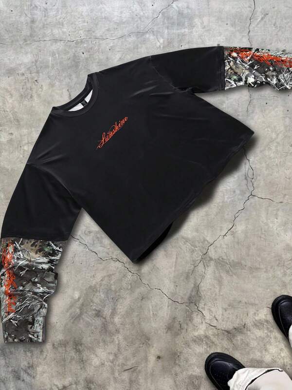 ROMWE MEN Street Life Men's Black Casual Basic Crew Neck Drop Shoulder Long Sleeve T-Shirt, Fashion Street Style Camouflage English Print Patchwork T-Shirt, Suitable For Daily Commute, Spring And Autumn Wear. Camouflage Sweatshirt, Camouflage Long Sleeve, Camouflage Top, Camouflage Pullover, Camouflage Shirt, Camouflage Top, Men's Hoodie, Military Shirt