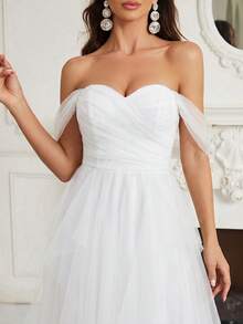 SHEIN Belle Off-Shoulder, geraffte Brust, mehrschichtiger asymmetrischer Rüschensaum Brautjungfernkleid (Erwachsene) - Weiss - Übersicht 5