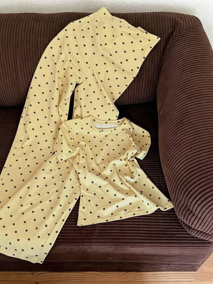 GlowEve CURVE Women's Casual Polka Dot Print T-Shirt And Pants 2 Pieces Set, Summer - Multicolor - View 1