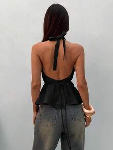 Aloruh Women's Elegant Halter Neck Backless Linen Solid Color Vacation Top Dinner Date Going Out Party Black Summer - Black - View 5