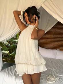 Aloruh 女款優雅淡黃色掛脖綁帶迷你洋裝 - 杏色 - 查看 3