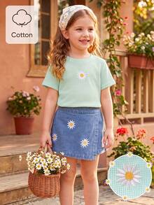 SHEIN Playful Pals 女童返校休閒可愛圓領標準肩寬彩色波點彩虹印花T恤與純色牛仔裙套裝，夏季 - 藍色 - 查看 8