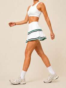 SHEIN BAE Women's Striped Pleated Casual Fitness Sports Skirt Shorts - Army Green - View 4