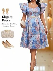 Fleurora Plus Size Women's Jacquard Pleated Fashion Date Formal Christening Guest Summer Dress Wedding Sky Blue Elegant Wedding Wedding - Blue - View 6