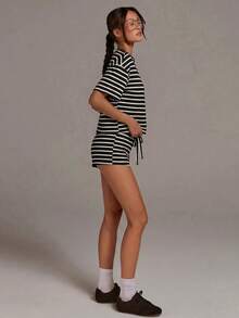 Athîral Women's Black And White Striped Colorblock Round Neck Short Sleeve Top And Drawstring Waist Shorts 2-Piece Set Lounge Summer Casual - Black - View 6